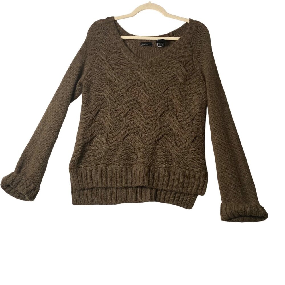 Moda International Brown Cable Knit Sweater Women Medium Mohair Wool Blend